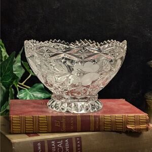 Vintage Heavy Brilliant Cut Lead Crystal Footed Bowl: Etched Floral Sawtooth Rim